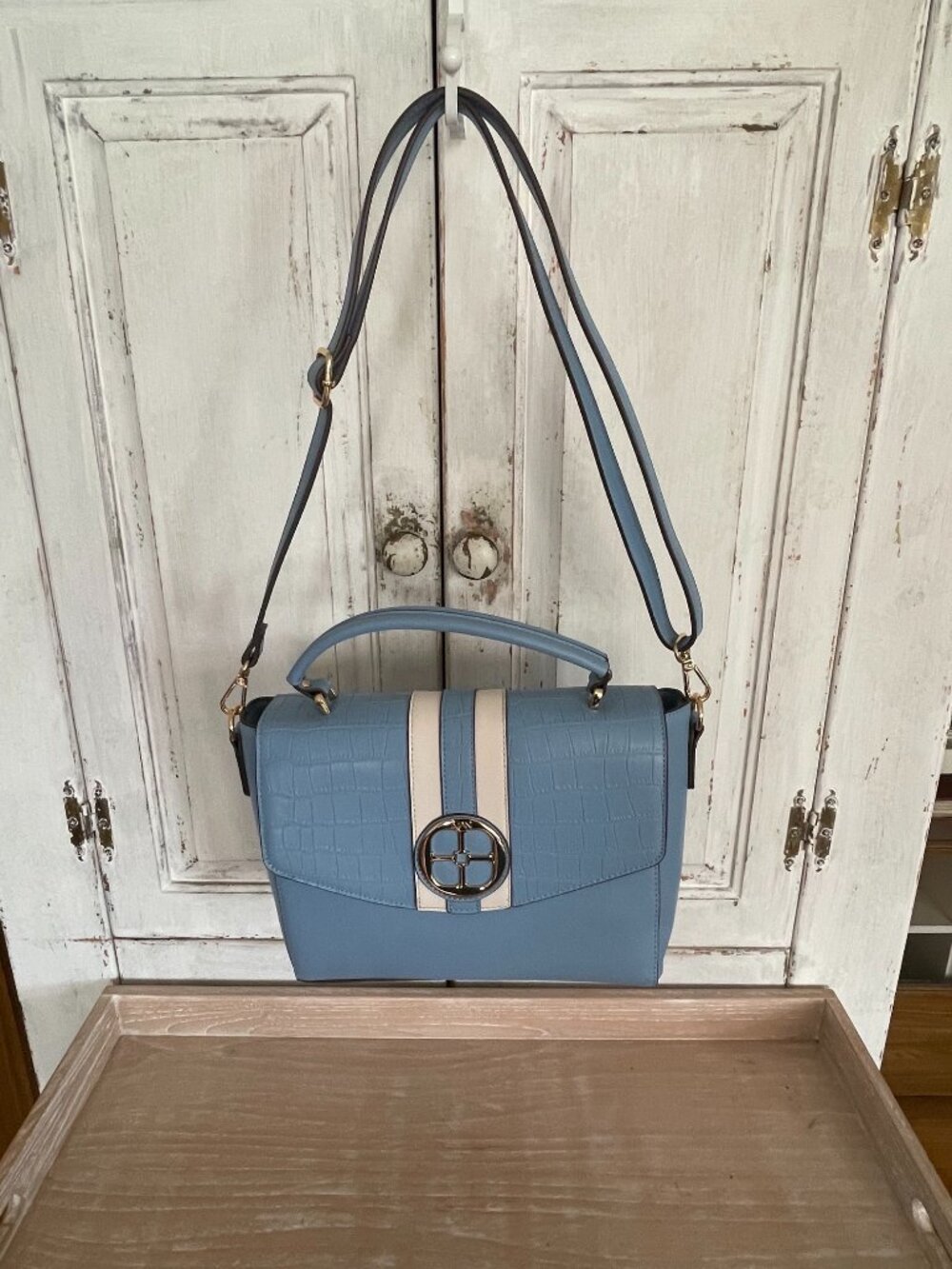 IMAN Global Chic Convertible Flap Satchel French, Baby or Spa Blue